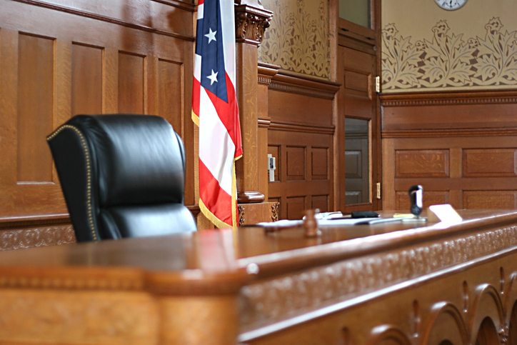 View of courtroom with American flag